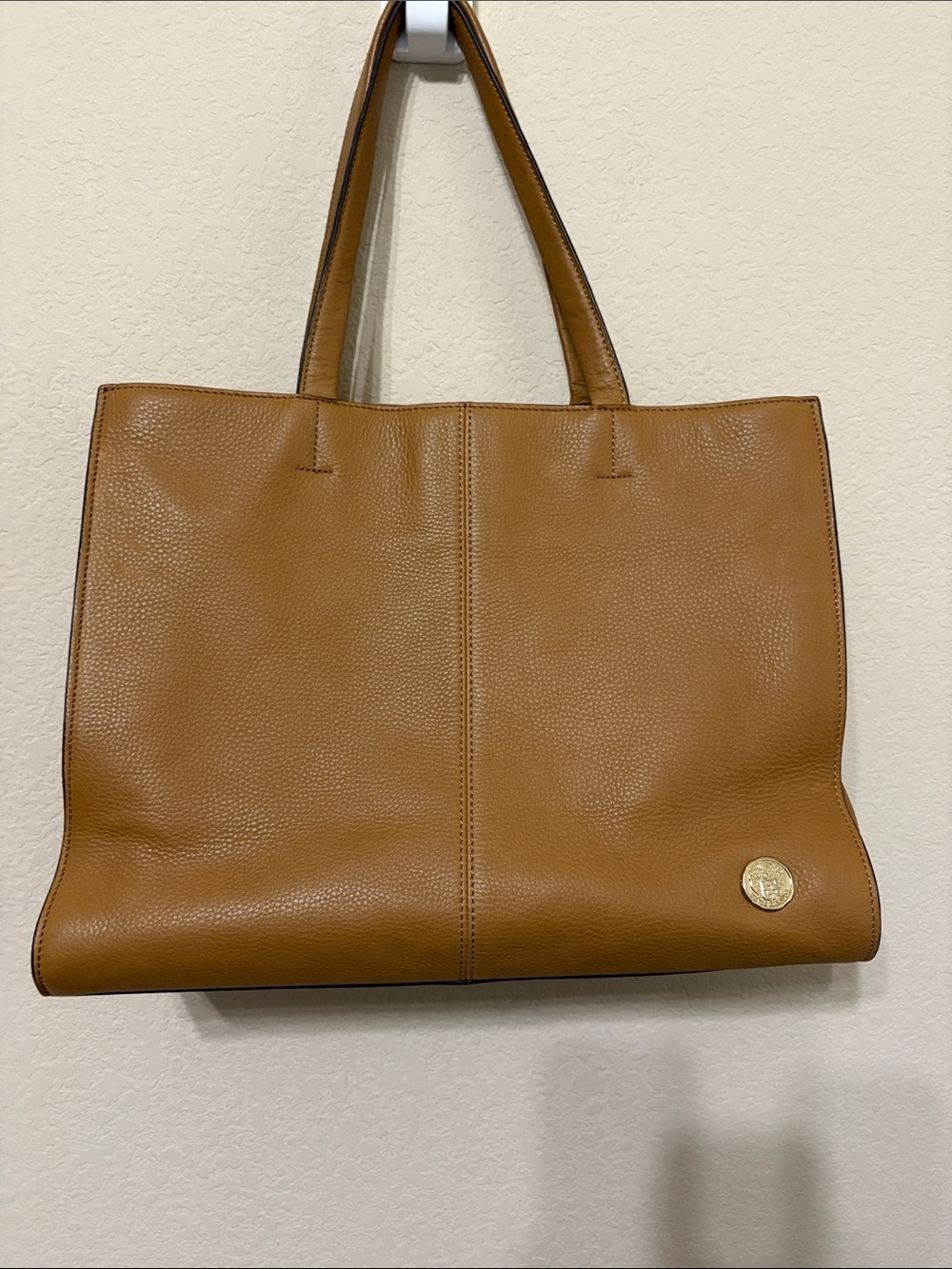 Vince Camuto Cognac Pebbled Leather Large Tote Bag Front Zip - Picture 4 of 10